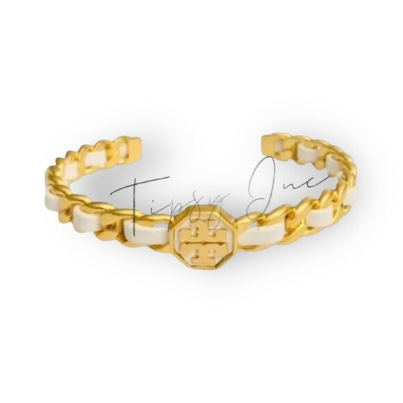 Tory Burch Marion Woven Gold and White Leather Earring & Bracelet Set - Picture 2 of 4